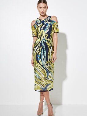 MOSSMAN Hummingbird Cold Shoulder Shift Midi Dress Yellow Navy Print US Size 10